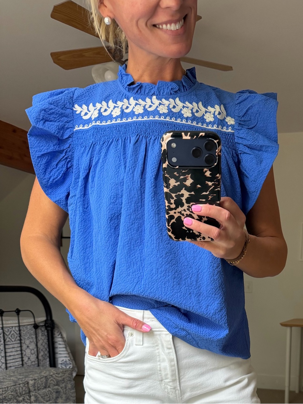 Umgee Royal Blue Embroidered Ruffle Sleeve Top, Size L - never worn! Like new!